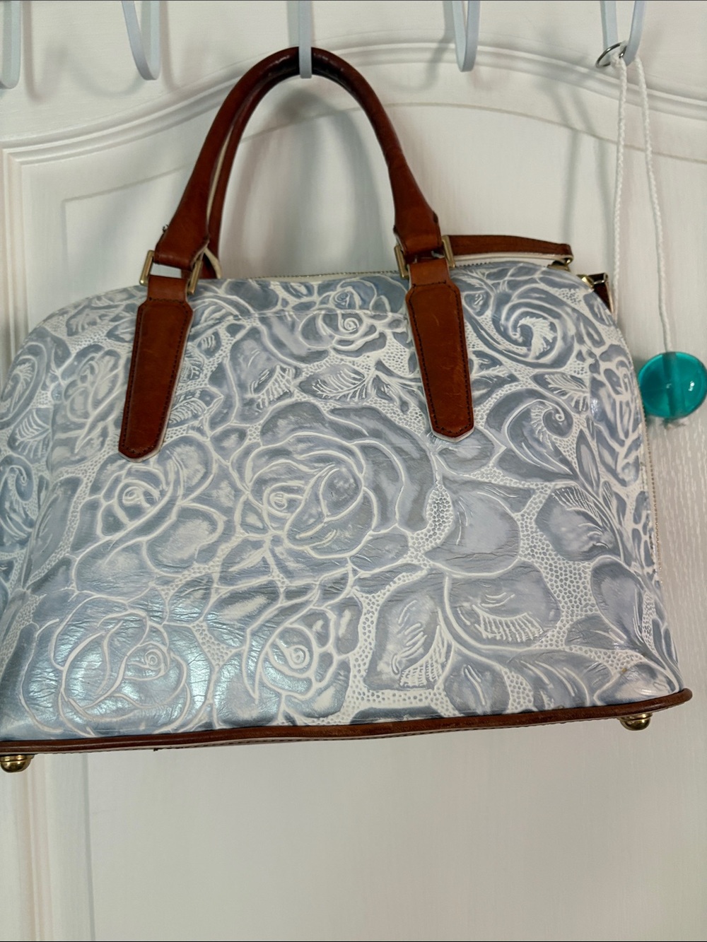 Brahmin Vivian Dome Satchel Blue Floral Embossed with Brown Trim - Picture 4 of 16